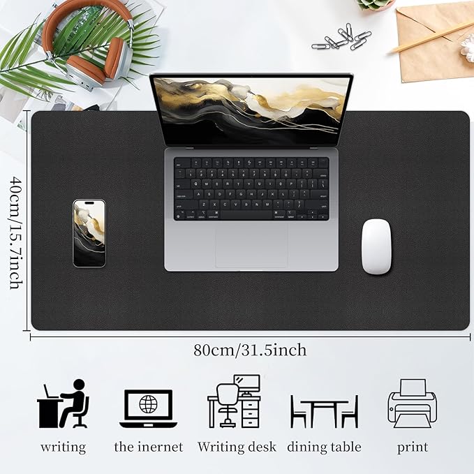 Bloss Black Leather Desk Mat Protector,Laptop Desk Pad,Desk Writing Pad,Leather Mouse Pad,Office Desks Mats,Desk mat for Keyboard and Mouse,Dual - Side Computer Mouse Pads for Office/Home.31.5"x 15.7" | Mouse Pads - TrueDesk