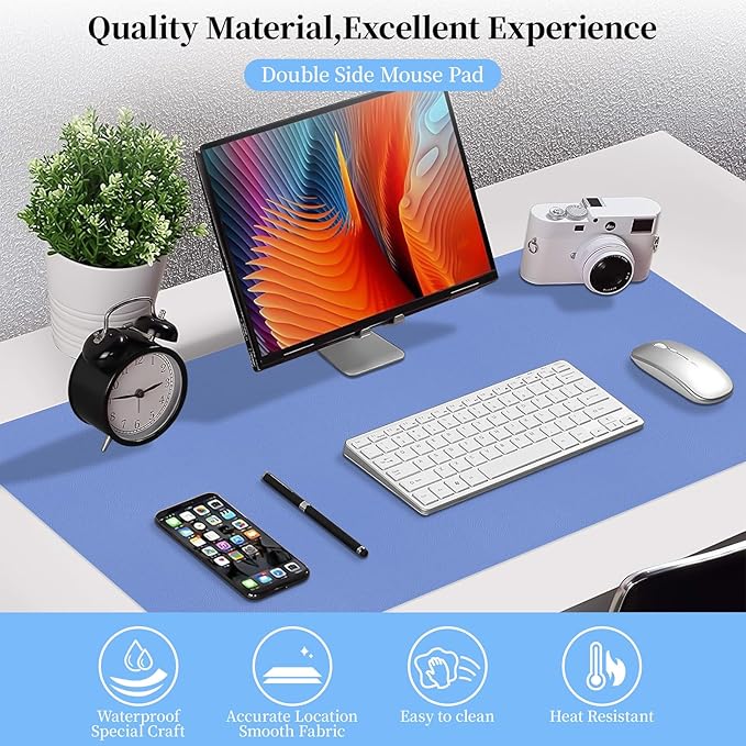 Bloss Blue Leather Desk Mat Protector,Leather Mouse Pad,Laptop Protector Desks Mat,Office Desks Mats,Keyboard Desks Mats,Computer Mat,Dual - Side Waterproof Desk Writing Pad for Office/Home.31.5"x 15.7" | Mouse Pads - TrueDesk