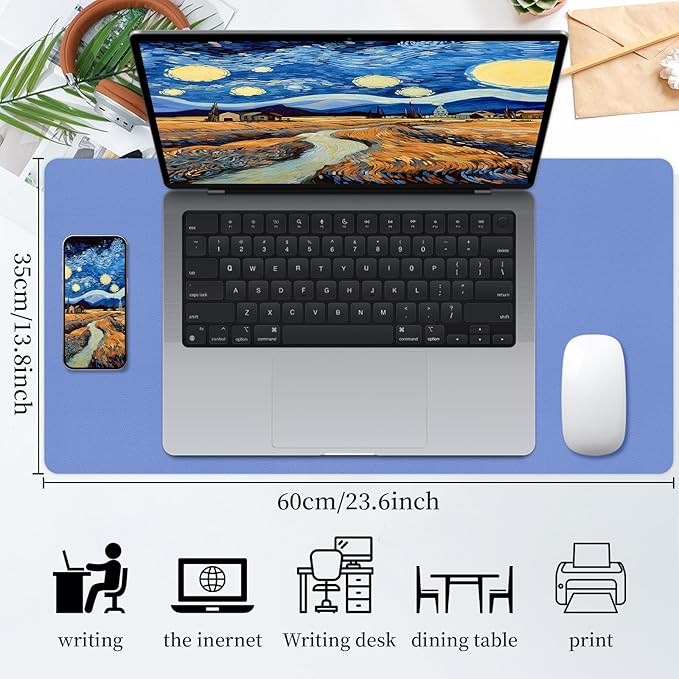 Bloss Blue Leather Desk Mat Protector,Leather Mouse Pad,Laptop Protector Desks Mat,Office Desks Mats,Keyboard Desks Mats,Computer Mat,Dual - Side Waterproof Desk Writing Pad for Office/Home.23.6"x 13.8" | Mouse Pads - TrueDesk