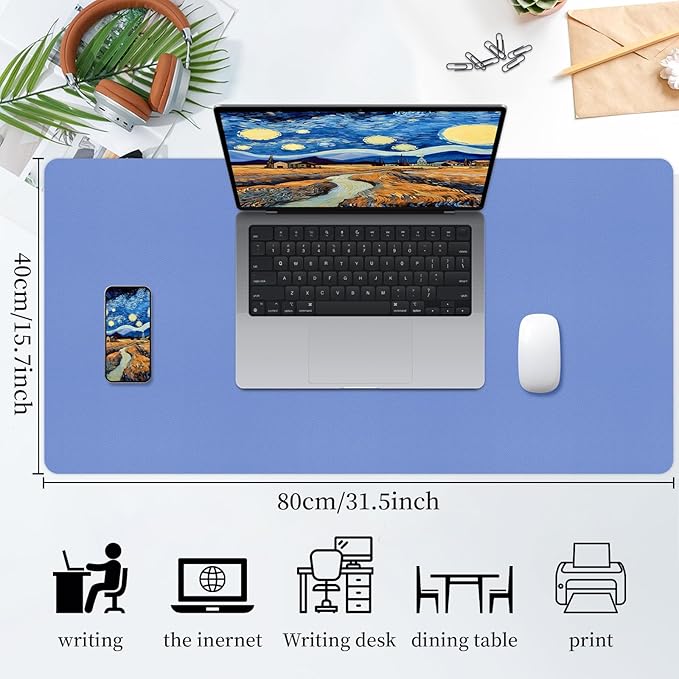 Bloss Blue Leather Desk Mat Protector,Leather Mouse Pad,Laptop Protector Desks Mat,Office Desks Mats,Keyboard Desks Mats,Computer Mat,Dual - Side Waterproof Desk Writing Pad for Office/Home.31.5"x 15.7" | Mouse Pads - TrueDesk