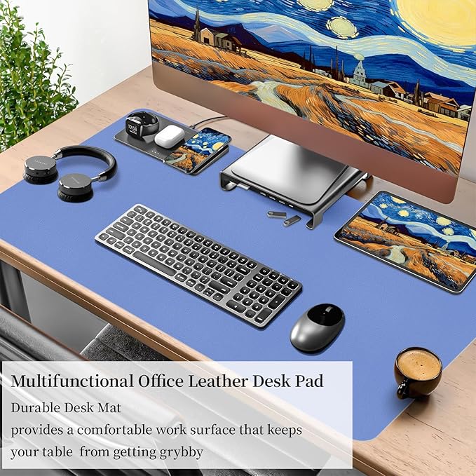 Bloss Blue Leather Desk Mat Protector,Leather Mouse Pad,Laptop Protector Desks Mat,Office Desks Mats,Keyboard Desks Mats,Computer Mat,Dual - Side Waterproof Desk Writing Pad for Office/Home.31.5"x 15.7" | Mouse Pads - TrueDesk