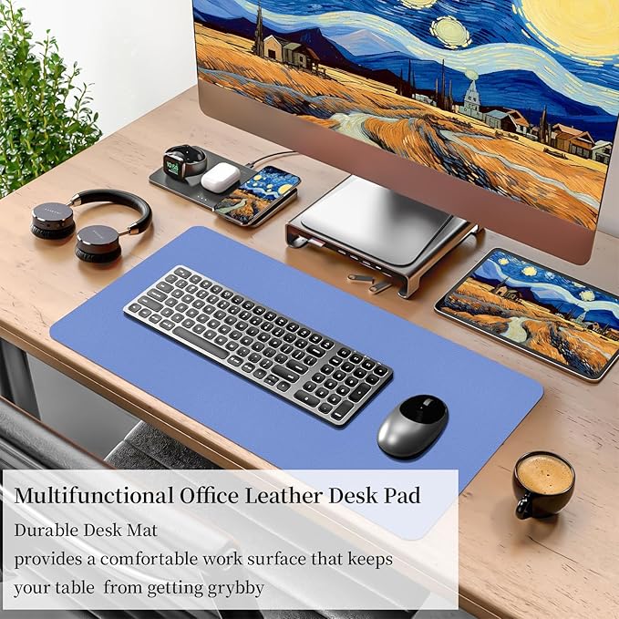 Bloss Blue Leather Desk Mat Protector,Leather Mouse Pad,Laptop Protector Desks Mat,Office Desks Mats,Keyboard Desks Mats,Computer Mat,Dual - Side Waterproof Desk Writing Pad for Office/Home.23.6"x 13.8" | Mouse Pads - TrueDesk