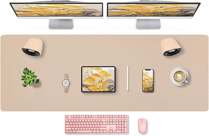 Bloss Extra Large Leather Desk Ma, 47.2" x 16.9" Non - Slip Dressing Table Cover Protector, Waterproof Student Study Desk Mat, Home Office Decor - Beige | Desk Pads Blotters - TrueDesk
