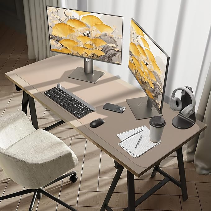 Bloss Extra Large Leather Desk Ma, 47.2" x 16.9" Non - Slip Dressing Table Cover Protector, Waterproof Student Study Desk Mat, Home Office Decor - Beige | Desk Pads Blotters - TrueDesk