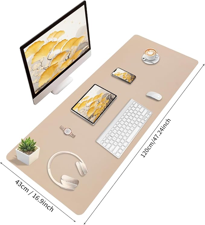 Bloss Extra Large Leather Desk Ma, 47.2" x 16.9" Non - Slip Dressing Table Cover Protector, Waterproof Student Study Desk Mat, Home Office Decor - Beige | Desk Pads Blotters - TrueDesk