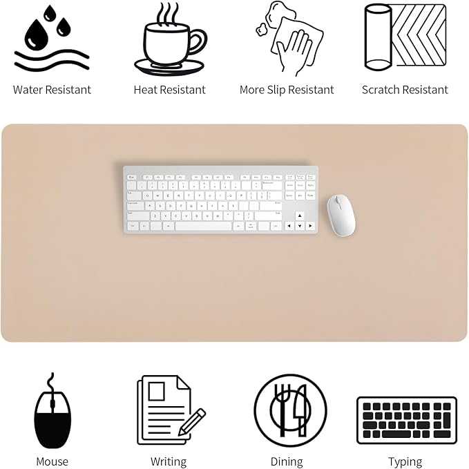 Bloss Extra Large Leather Desk Mat 47.2" x 24" Non - Slip Dressing Table Cover Protector, Waterproof Student Study Desk Mat, PU Leather Computer Writing Desk Pad for Home Office and Decor - Beige | Mouse Pads - TrueDesk