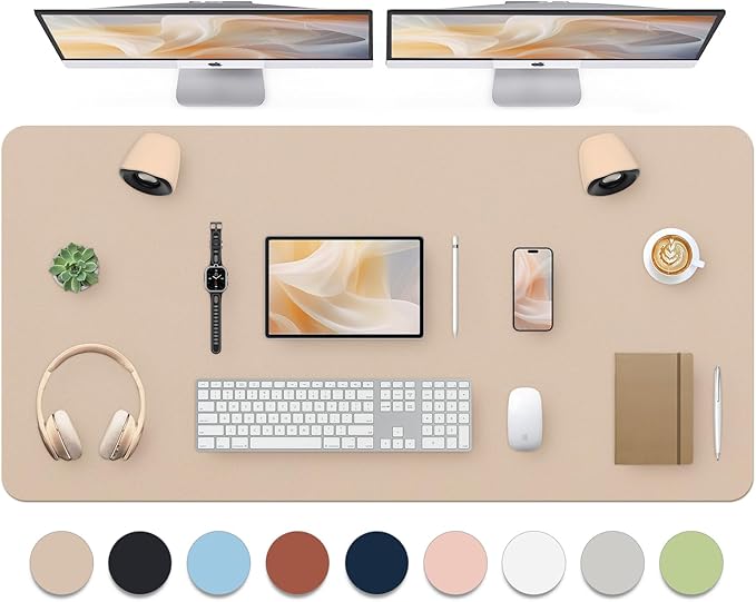 Bloss Extra Large Leather Desk Mat 47.2" x 24" Non - Slip Dressing Table Cover Protector, Waterproof Student Study Desk Mat, PU Leather Computer Writing Desk Pad for Home Office and Decor - Beige | Mouse Pads - TrueDesk