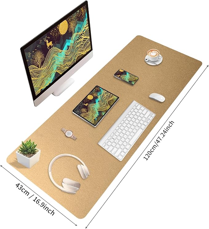 Bloss Gold Leather Desk Mat 47.2" x 16.9", Large Keyboard Pad for Desk, Desk Matt for Desktop, Waterproof Desk Pad Mat, Computer Mat for Office/Home/Decor | Mouse Pads - TrueDesk