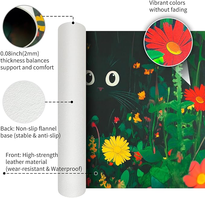 Bloss Green Mouse Pad,Large Floral Plants Desk Pads for Desktop,Cute Black Carton Cat Leather Desk Mat for Keyboard and Mouse,Computer Laptop Desk Protector Mat for Office/Home/Women Gift,31.5"x15.7" | Mouse Pads - TrueDesk