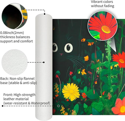 Bloss Green Mouse Pad,Large Floral Plants Desk Pads for Desktop,Cute Black Carton Cat Leather Desk Mat for Keyboard and Mouse,Computer Laptop Desk Protector Mat for Office/Home/Women Gift,31.5"x15.7" | Mouse Pads - TrueDesk