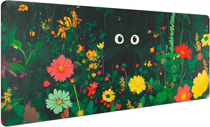 Bloss Green Mouse Pad,Large Floral Plants Desk Pads for Desktop,Cute Black Carton Cat Leather Desk Mat for Keyboard and Mouse,Computer Laptop Desk Protector Mat for Office/Home/Women Gift,31.5"x15.7" | Mouse Pads - TrueDesk