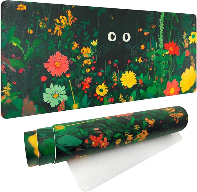 Bloss Green Mouse Pad,Large Floral Plants Desk Pads for Desktop,Cute Black Carton Cat Leather Desk Mat for Keyboard and Mouse,Computer Laptop Desk Protector Mat for Office/Home/Women Gift,31.5"x15.7" | Mouse Pads - TrueDesk