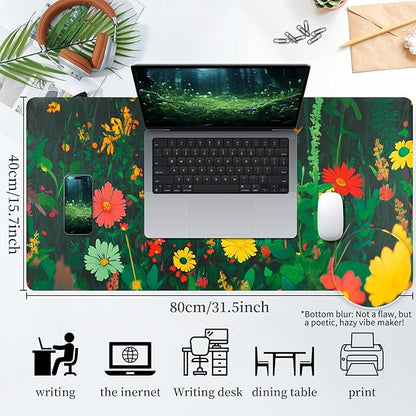 Bloss Green Mouse Pad,Large Floral Plants Desk Pads for Desktop,Cute Black Carton Cat Leather Desk Mat for Keyboard and Mouse,Computer Laptop Desk Protector Mat for Office/Home/Women Gift,31.5"x15.7" | Mouse Pads - TrueDesk