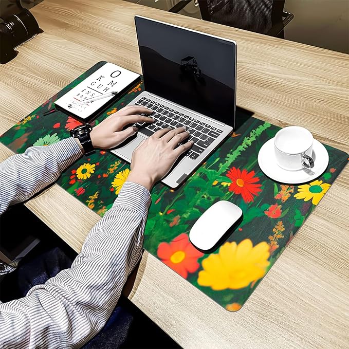 Bloss Green Mouse Pad,Large Floral Plants Desk Pads for Desktop,Cute Black Carton Cat Leather Desk Mat for Keyboard and Mouse,Computer Laptop Desk Protector Mat for Office/Home/Women Gift,31.5"x15.7" | Mouse Pads - TrueDesk