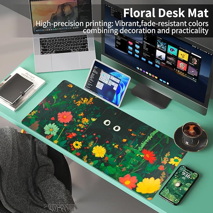 Bloss Green Mouse Pad,Large Floral Plants Desk Pads for Desktop,Cute Black Carton Cat Leather Desk Mat for Keyboard and Mouse,Computer Laptop Desk Protector Mat for Office/Home/Women Gift,31.5"x15.7" | Mouse Pads - TrueDesk