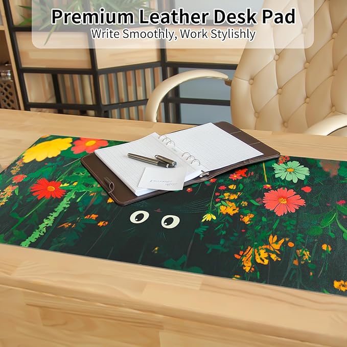 Bloss Green Mouse Pad,Large Floral Plants Desk Pads for Desktop,Cute Black Carton Cat Leather Desk Mat for Keyboard and Mouse,Computer Laptop Desk Protector Mat for Office/Home/Women Gift,31.5"x15.7" | Mouse Pads - TrueDesk
