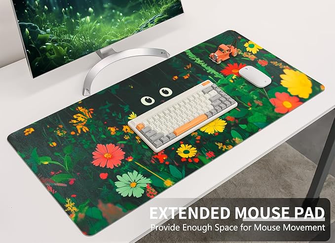 Bloss Green Mouse Pad,Large Floral Plants Desk Pads for Desktop,Cute Black Carton Cat Leather Desk Mat for Keyboard and Mouse,Computer Laptop Desk Protector Mat for Office/Home/Women Gift,31.5"x15.7" | Mouse Pads - TrueDesk