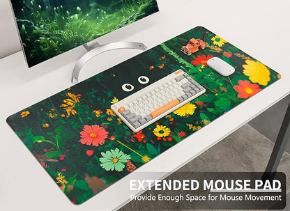 Bloss Green Mouse Pad,Large Floral Plants Desk Pads for Desktop,Cute Black Carton Cat Leather Desk Mat for Keyboard and Mouse,Computer Laptop Desk Protector Mat for Office/Home/Women Gift,31.5"x15.7" | Mouse Pads - TrueDesk