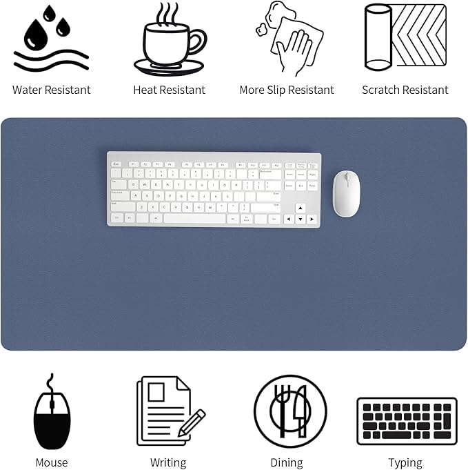 Bloss Grey Blue Desk Mat, Leather Desk Matt for Desktop, Waterproof Large Keyboard Mat, Computer Mat for Office/Home/Decor(31.5 x 15.7 Inches) | Desk Pads Blotters - TrueDesk