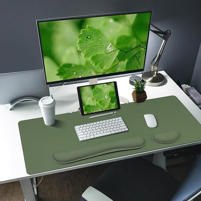 Bloss Keyboard and Mouse Wrist Rest + Leather Desk Mat, Desk Mat for Keyboard and Mouse, Desk Accessories for Women(35.4 x 15.7 Inch,Olive Green) | Mouse Pads - TrueDesk