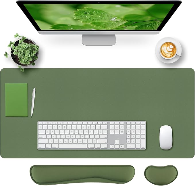 Bloss Keyboard and Mouse Wrist Rest + Leather Desk Mat, Desk Mat for Keyboard and Mouse, Desk Accessories for Women(35.4 x 15.7 Inch,Olive Green) | Mouse Pads - TrueDesk