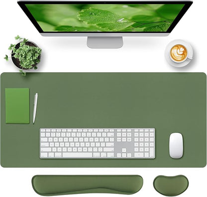 Bloss Keyboard and Mouse Wrist Rest + Leather Desk Mat, Desk Mat for Keyboard and Mouse, Desk Accessories for Women(35.4 x 15.7 Inch,Olive Green) | Mouse Pads - TrueDesk