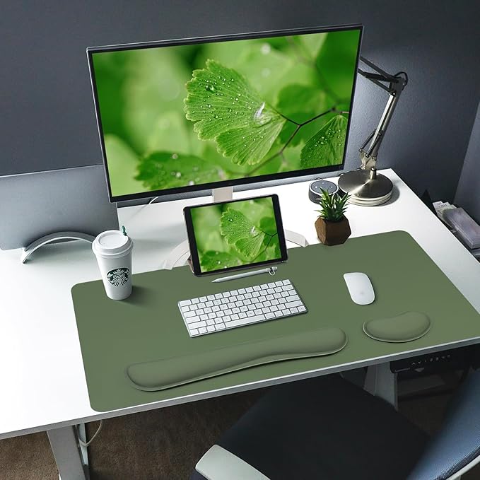 Bloss Keyboard Wrist Rest + Mouse Wrist Rest + Leather Desk Mat, Non - Slip Desk Mat Protector for Office, Home(31.5×15.7 Inches,Olive Green) | Mouse Pads - TrueDesk