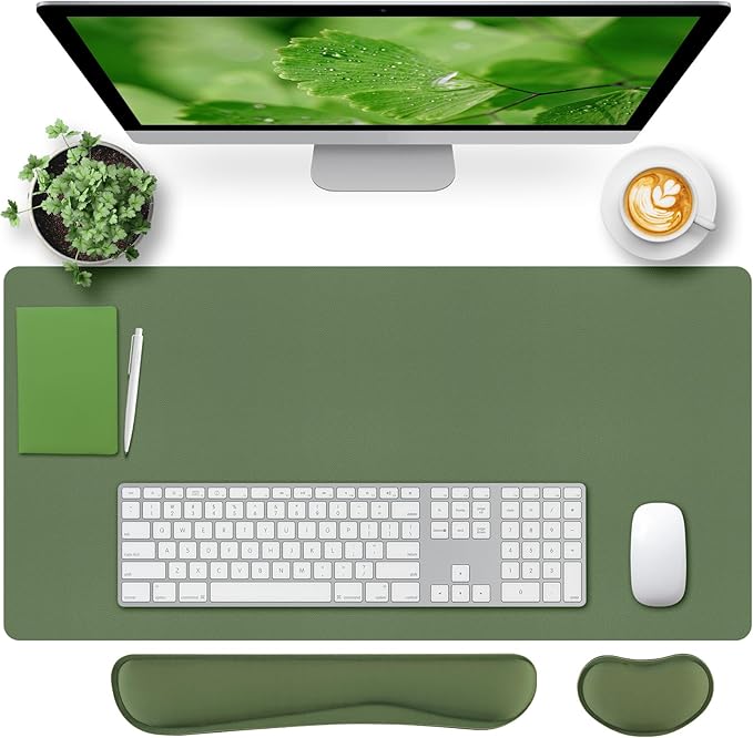Bloss Keyboard Wrist Rest + Mouse Wrist Rest + Leather Desk Mat, Non - Slip Desk Mat Protector for Office, Home(31.5×15.7 Inches,Olive Green) | Mouse Pads - TrueDesk