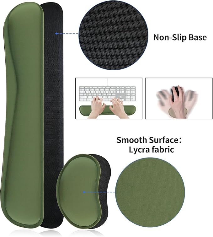 Bloss Keyboard Wrist Rest + Mouse Wrist Rest + Leather Desk Mat, Non - Slip Desk Mat Protector for Office, Home(31.5×15.7 Inches,Olive Green) | Mouse Pads - TrueDesk