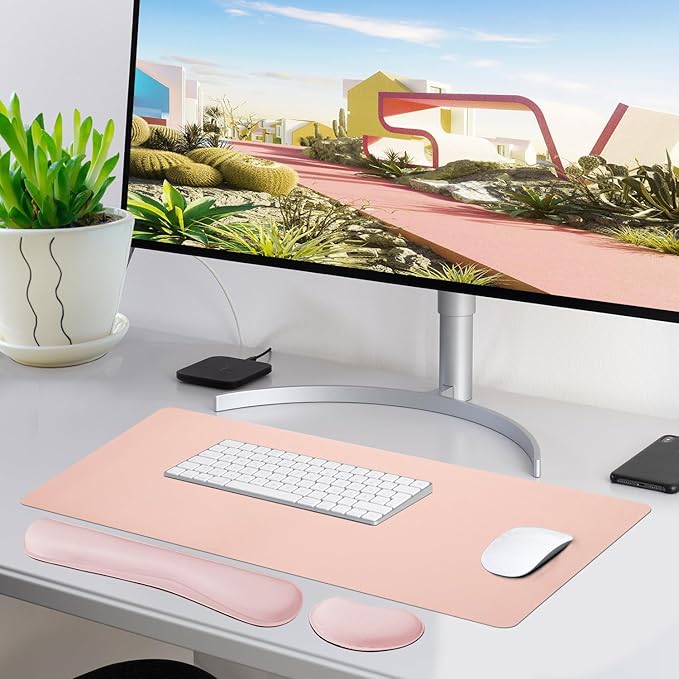 Bloss Large Desk Pad and Keyboard Wrist Rest, Large Mouse Pad + Keyboard Pad+Mouse Wrist Support, Non - Slip Desk Mat Protector for Office, Home (35.4×15.7 Inches,Pink) | Mouse Pads - TrueDesk