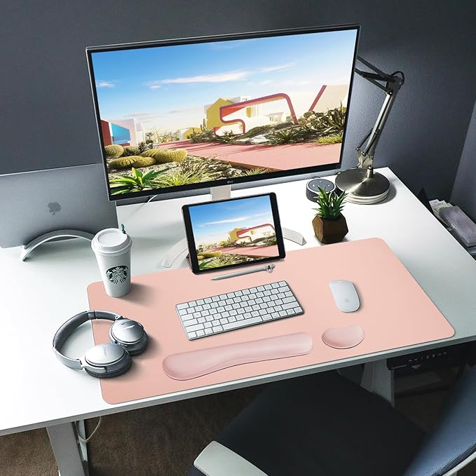 Bloss Large Desk Pad and Keyboard Wrist Rest, Large Mouse Pad + Keyboard Pad+Mouse Wrist Support, Non - Slip Desk Mat Protector for Office, Home (35.4×15.7 Inches,Pink) | Mouse Pads - TrueDesk