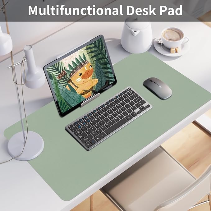 Bloss Leather Desk Mat, Large Mouse Pad, Non - Slip Desk Protector Mat, Leather Desk Blotter, Waterproof Desk Pad for Office Home Decor/Grey Green(35.4×15.7 Inches) | Mouse Pads - TrueDesk