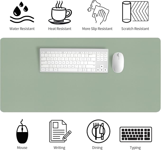 Bloss Leather Desk Mat, Large Mouse Pad, Non - Slip Desk Protector Mat, Leather Desk Blotter, Waterproof Desk Pad for Office Home Decor/Grey Green(35.4×15.7 Inches) | Mouse Pads - TrueDesk