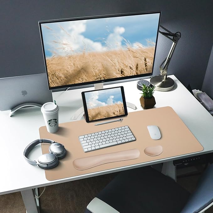 Bloss Leather Desk Pad and Keyboard Wrist Rest, Large Mouse Pad + Keyboard Pad+Mouse Wrist Support, Non - Slip Desk Mat Protector for Office, Home (35.4×15.7 Inches,Beige) | Mouse Pads - TrueDesk