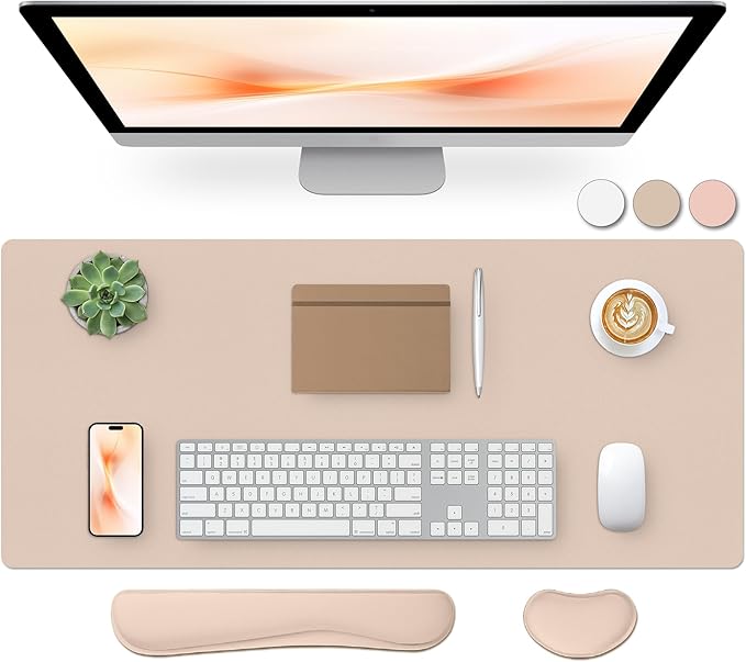 Bloss Leather Desk Pad and Keyboard Wrist Rest, Large Mouse Pad + Keyboard Pad+Mouse Wrist Support, Non - Slip Desk Mat Protector for Office, Home (35.4×15.7 Inches,Beige) | Mouse Pads - TrueDesk