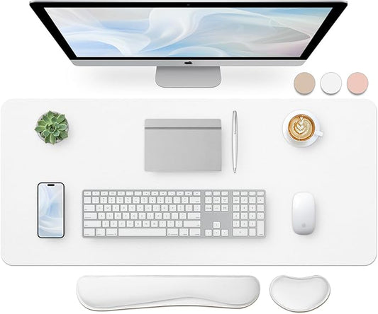Bloss Leather Desk Pad and Keyboard Wrist Rest, Large Mouse Pad + Keyboard Pad+Mouse Wrist Support, Non - Slip Desk Mat Protector for Office, Home (35.4×15.7 Inches,White) | Mouse Pads - TrueDesk