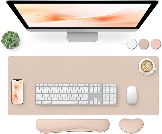 Bloss Leather Desk Pad and Keyboard Wrist Rest, Large Mouse Pad + Keyboard Pad+Mouse Wrist Support, Non - Slip Desk Mat Protector for Office, Home(27.6" x 13.8", Beige) | Mouse Pads - TrueDesk