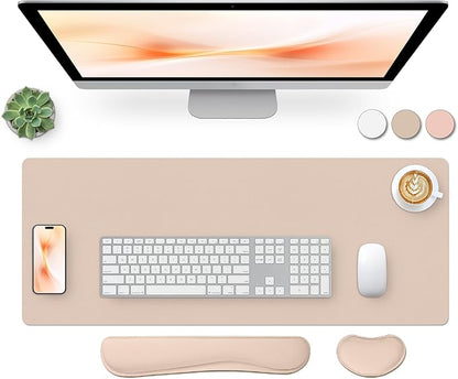Bloss Leather Desk Pad and Keyboard Wrist Rest, Large Mouse Pad + Keyboard Pad+Mouse Wrist Support, Non - Slip Desk Mat Protector for Office, Home(27.6" x 13.8", Beige) | Mouse Pads - TrueDesk