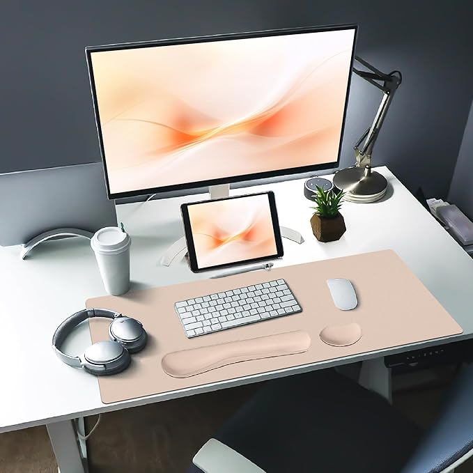Bloss Leather Desk Pad and Keyboard Wrist Rest, Large Mouse Pad + Keyboard Pad+Mouse Wrist Support, Non - Slip Desk Mat Protector for Office, Home(27.6" x 13.8", Beige) | Mouse Pads - TrueDesk