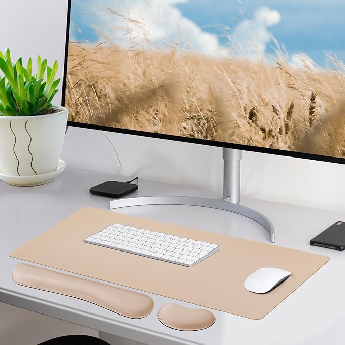 Bloss Leather Desk Pad and Keyboard Wrist Rest, Large Mouse Pad + Keyboard Pad+Mouse Wrist Support, Non - Slip Desk Mat Protector for Office, Home(31.5×15.7 Inches,Beige) | Mouse Pads - TrueDesk
