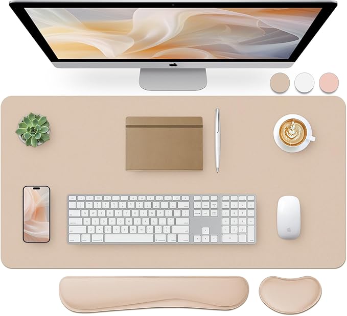 Bloss Leather Desk Pad and Keyboard Wrist Rest, Large Mouse Pad + Keyboard Pad+Mouse Wrist Support, Non - Slip Desk Mat Protector for Office, Home(31.5×15.7 Inches,Beige) | Mouse Pads - TrueDesk