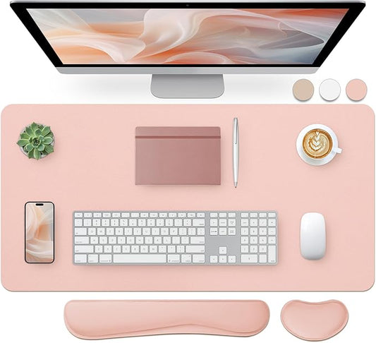 Bloss Leather Desk Pad and Keyboard Wrist Rest, Large Mouse Pad + Keyboard Pad+Mouse Wrist Support, Non - Slip Desk Mat Protector for Office, Home(31.5×15.7 Inches,Pink) | Mouse Pads - TrueDesk