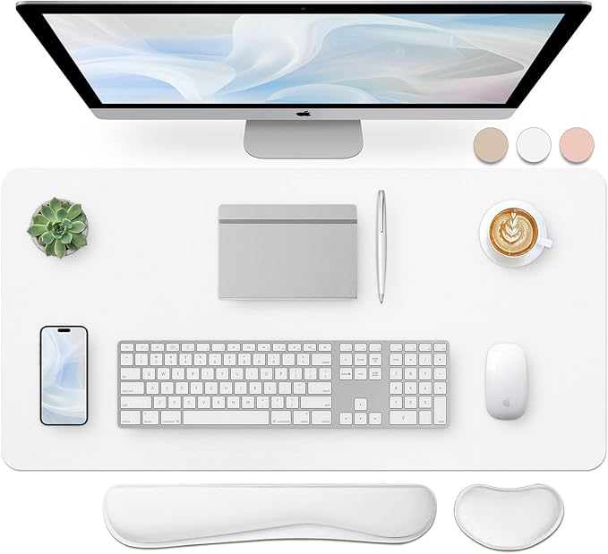 Bloss Leather Desk Pad and Keyboard Wrist Rest, Large Mouse Pad + Keyboard Pad+Mouse Wrist Support, Non - Slip Desk Mat Protector for Office, Home(31.5×15.7 Inches,White) | Mouse Pads - TrueDesk