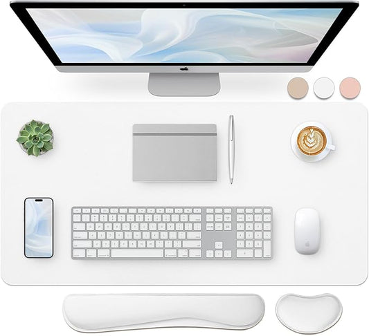 Bloss Leather Desk Pad and Keyboard Wrist Rest, Large Mouse Pad + Keyboard Pad+Mouse Wrist Support, Non - Slip Desk Mat Protector for Office, Home(31.5×15.7 Inches,White) | Mouse Pads - TrueDesk