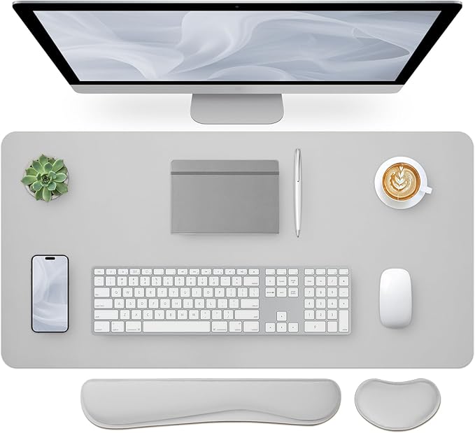 Bloss Leather Desk Pad and Keyboard Wrist Rest, Large Mouse Pad + Keyboard Pad+Mouse Wrist Support, Non - Slip Desk Mat Protector for Office, Home(35.4×15.7 Inches, Light Grey) | Mouse Pads - TrueDesk
