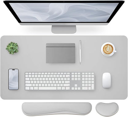 Bloss Leather Desk Pad and Keyboard Wrist Rest, Large Mouse Pad + Keyboard Pad+Mouse Wrist Support, Non - Slip Desk Mat Protector for Office, Home(35.4×15.7 Inches, Light Grey) | Mouse Pads - TrueDesk