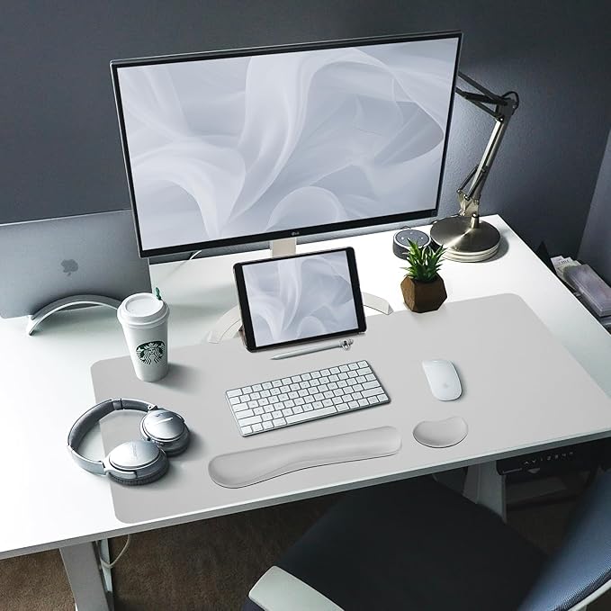 Bloss Leather Desk Pad and Keyboard Wrist Rest, Large Mouse Pad + Keyboard Pad+Mouse Wrist Support, Non - Slip Desk Mat Protector for Office, Home(35.4×15.7 Inches, Light Grey) | Mouse Pads - TrueDesk