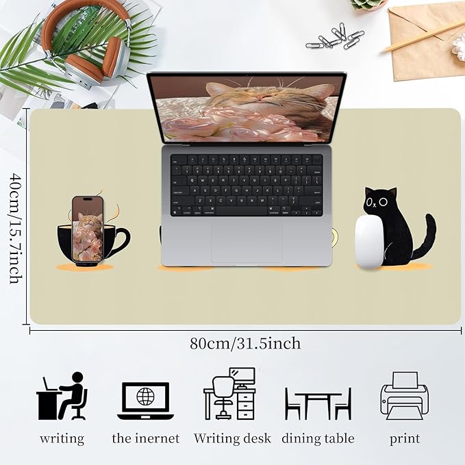 Bloss Leather Mouse Pad,Beige Anime Large Desk Pad,Cute Kawaii Cartoon Cat Desk Mats for Keyboard and Mouse,Waterproof Computer Laptop Desks Protector Mat for Office/Home/Women Gift,31.5" x 15.7" | Mouse Pads - TrueDesk