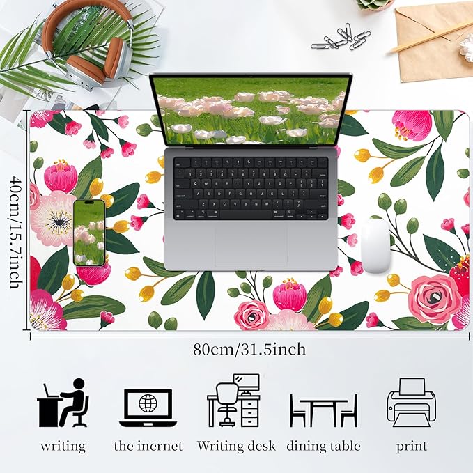 Bloss Pink Floral Desks Mat,31.5x15.7Inch Large Mouse Pad,Anti - Slip Computer Desk Pad for Office/School/Home Supplies,Keyboard and Mouse Pad,Pink Keyboard Protector Pad Mat for Women Gift | Mouse Pads - TrueDesk