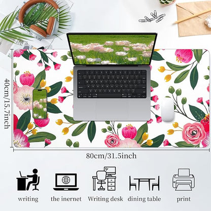 Bloss Pink Floral Desks Mat,31.5x15.7Inch Large Mouse Pad,Anti - Slip Computer Desk Pad for Office/School/Home Supplies,Keyboard and Mouse Pad,Pink Keyboard Protector Pad Mat for Women Gift | Mouse Pads - TrueDesk